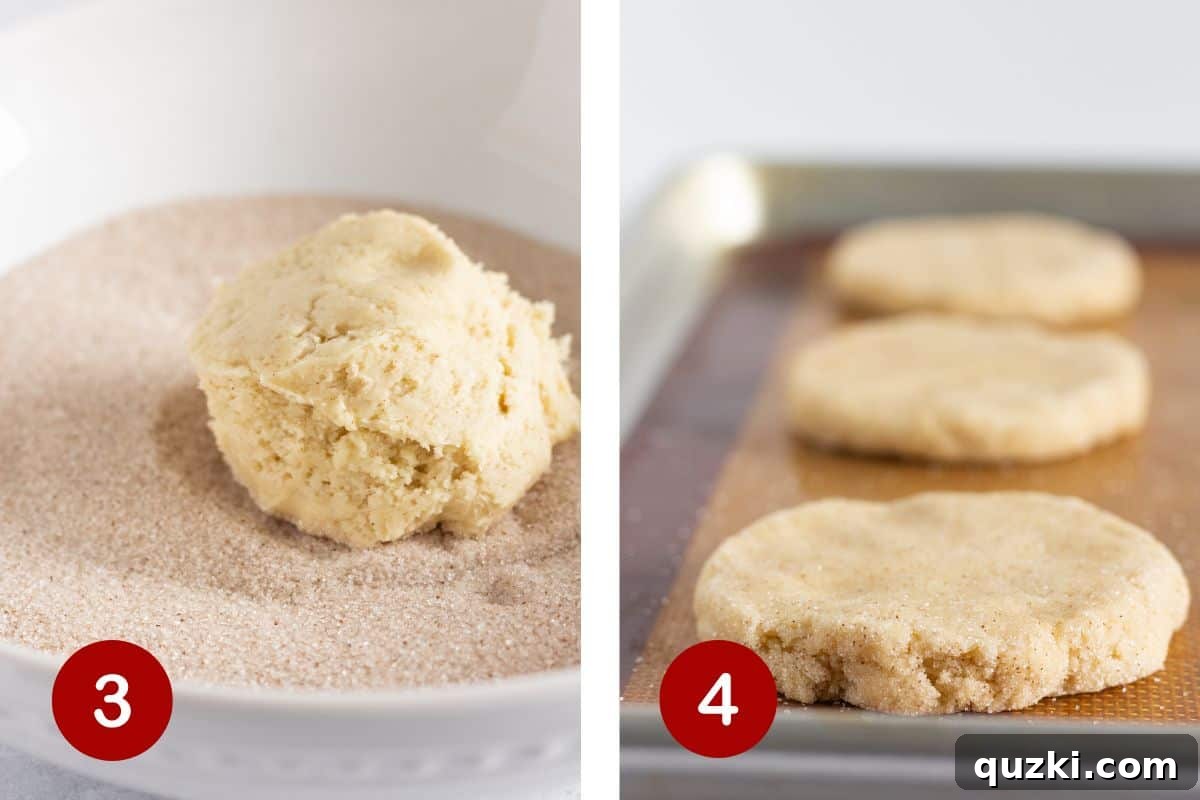 Two steps of cookie preparation: rolling cookie dough in cinnamon sugar and gently forming the dough into a disc shape for baking.