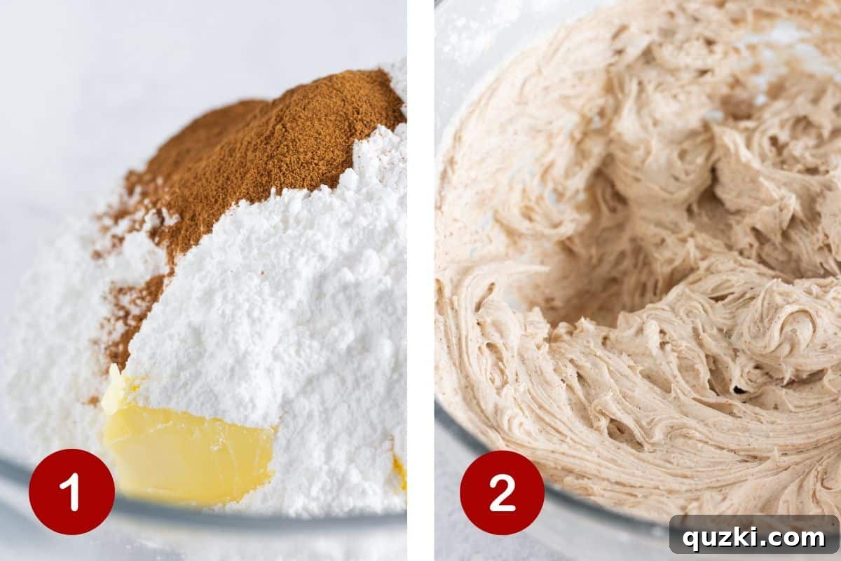 The process of preparing a rich and creamy cinnamon buttercream frosting in a mixing bowl.
