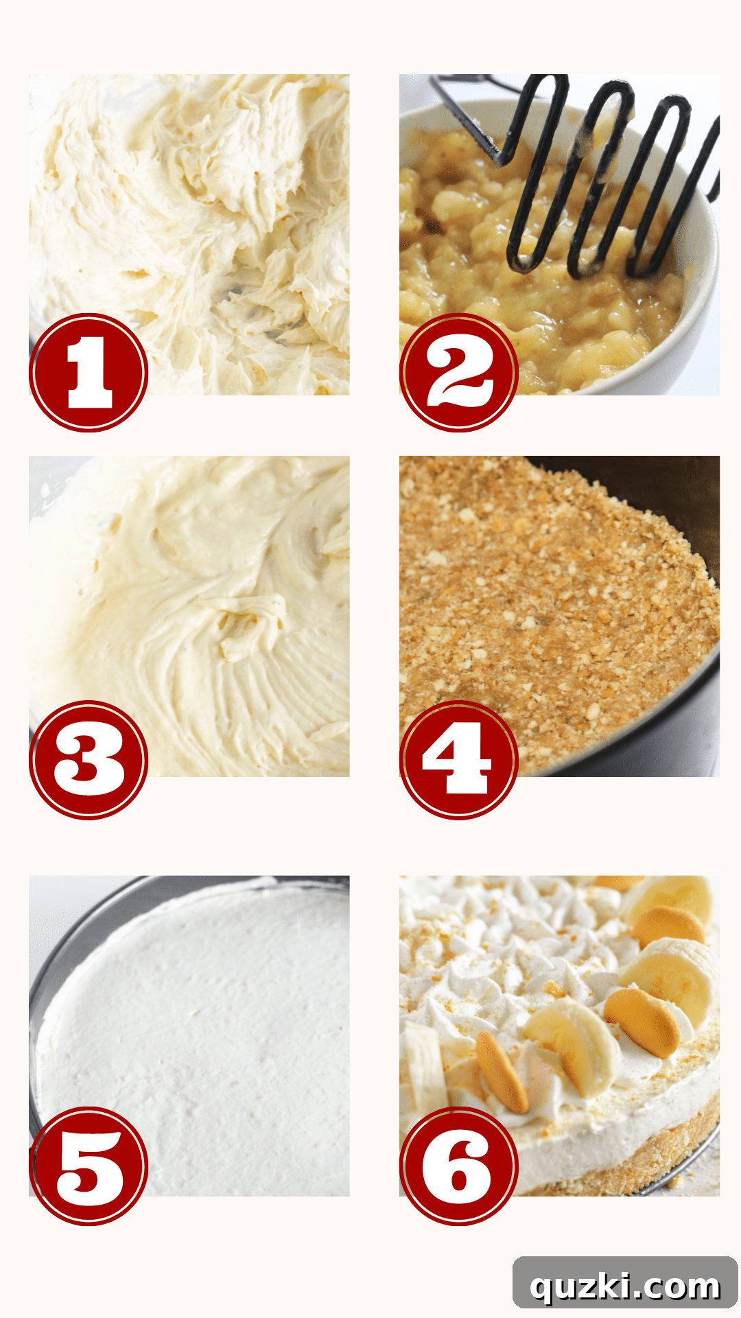 6 step by step photos for making the perfect no bake banana pudding cheesecake.