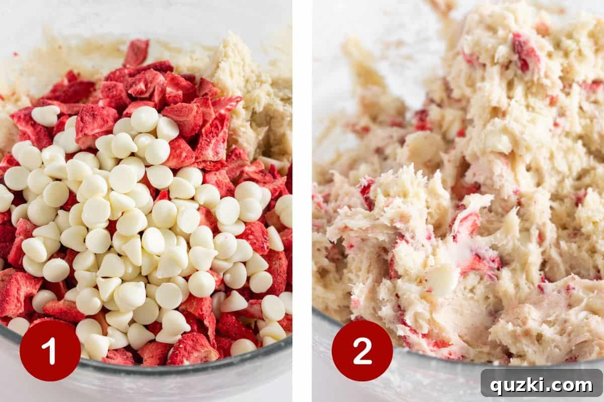 Two images demonstrating steps 1 and 2: combining dough ingredients and gently folding in strawberries and white chocolate chips.