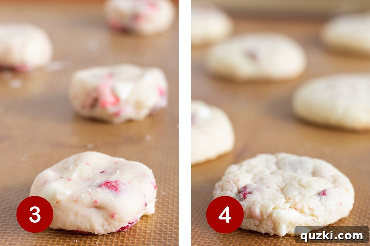 Two images illustrating steps 3 and 4: forming cookie dough balls and baking them until the edges are set.