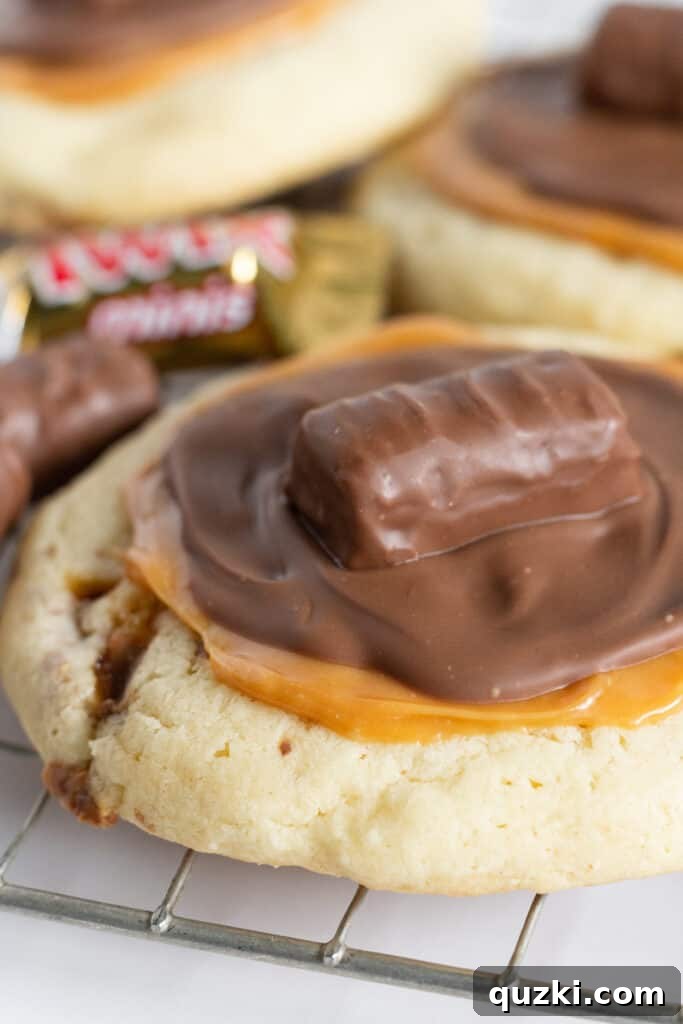 Easy Copycat Crumbl Twix Cookies With a Cake Mix recipe, by Top US cookie blog Practically Homemade