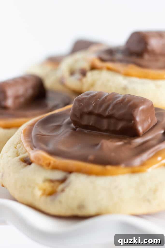 Easy Copycat Crumbl Twix Cookies With a Cake Mix recipe, by Top US cookie blog Practically Homemade