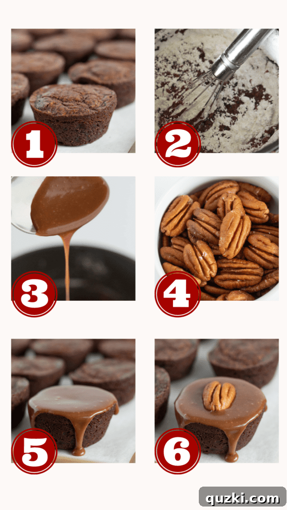 No-Bake Texas Sheet Cake Poppers 4 Steps for making Easy No Bake Texas Sheet Cake Bites, showing glazing and topping