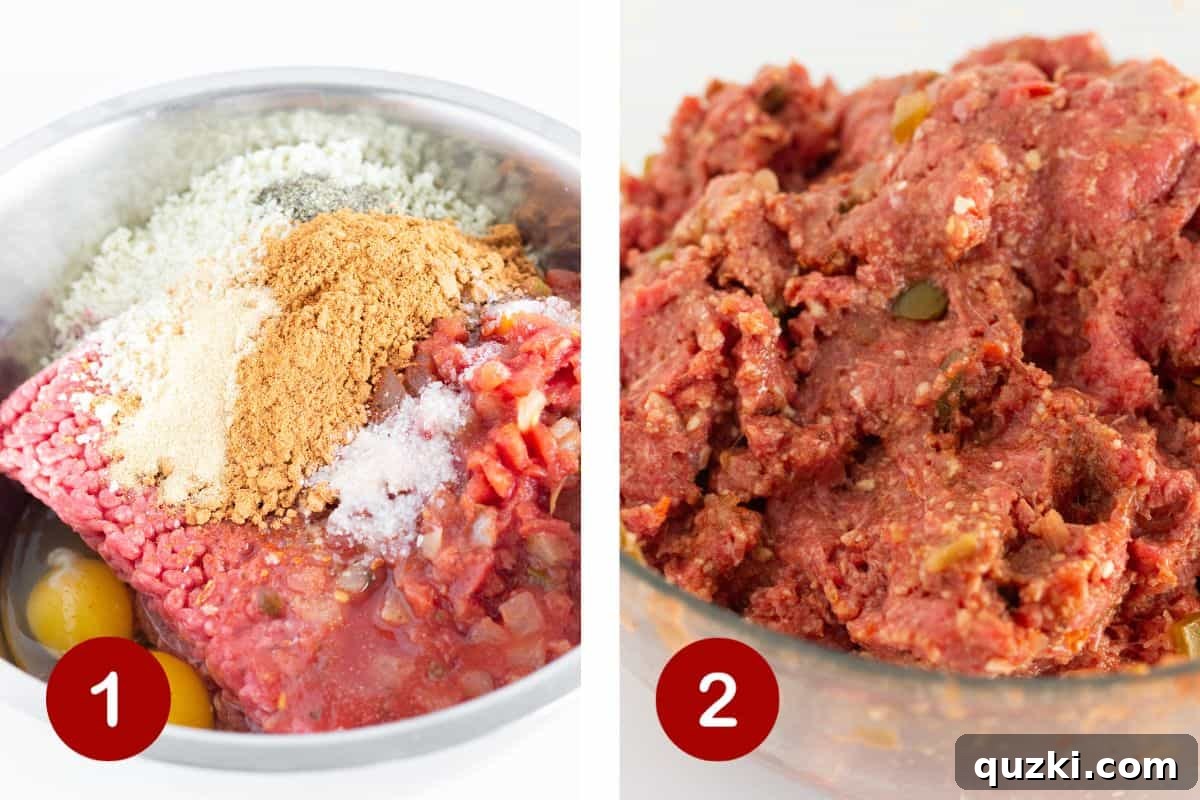 Steps 1 and 2 of making taco meatloaf. 1, combine ingredients. 2, mix ingredients together.