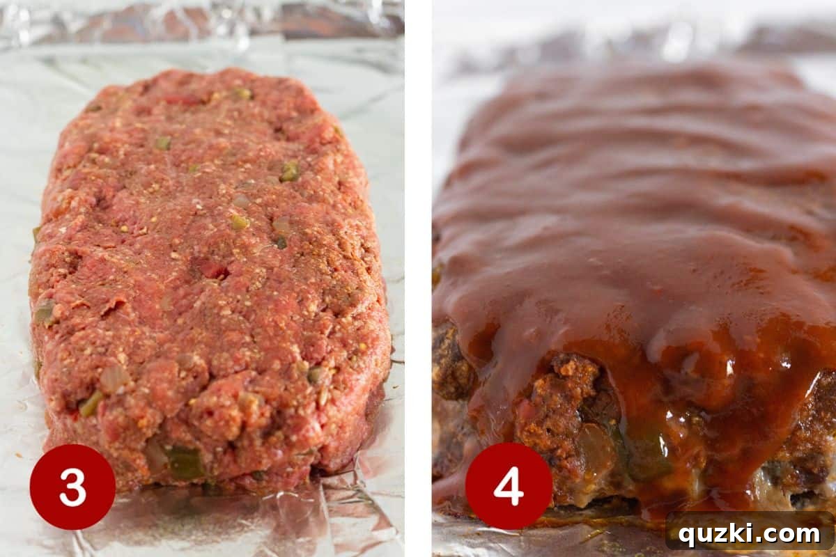 Steps 3 and 4 of making taco meatloaf. 3, add meat mixture to pan and shape into loaf.  4, bake for 45 minutes and add taco sauce.