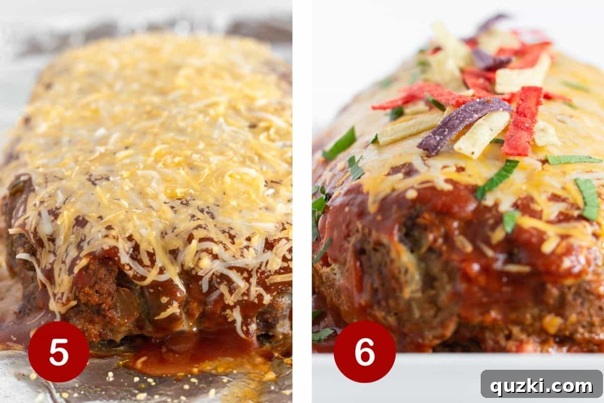 Steps 5 and 6 of making taco meatloaf. 5, top with cheese and return to oven. 6, garnish with taco toppings.
