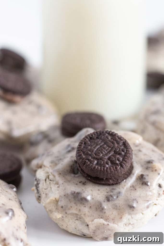 Delicious Oreo Sheet Cake Cookies with homemade Oreo glaze and mini Oreo topping, by Top US Cookie blog Practically Homemade