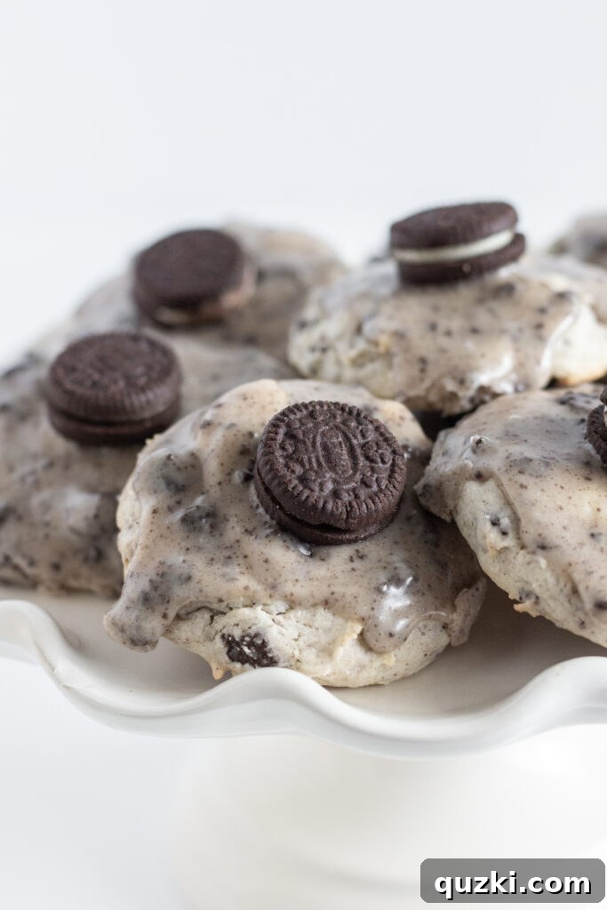 Close-up of freshly glazed Oreo Sheet Cake Cookies ready to be enjoyed, a popular recipe from Practically Homemade
