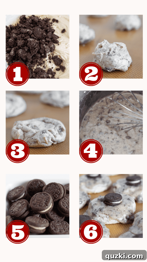 Step-by-step assembly of Oreo Sheet Cake Cookies, showing the cookies, glaze, and mini Oreos, by Practically Homemade