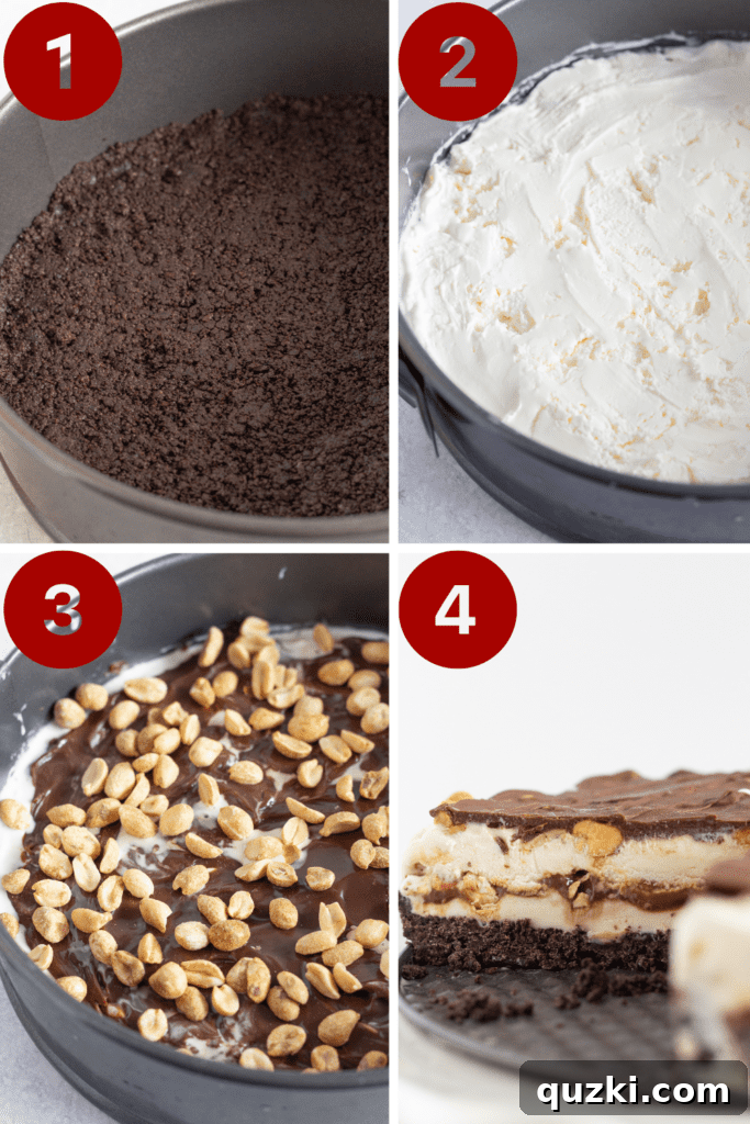 Step-by-step assembly of Dairy Queen Buster Bar Ice Cream Pie with images, by Top US dessert blog Practically Homemade