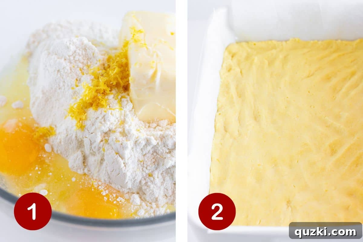 A two-part image showing lemon cookie dough being mixed in a bowl and then pressed into a parchment-lined baking pan.