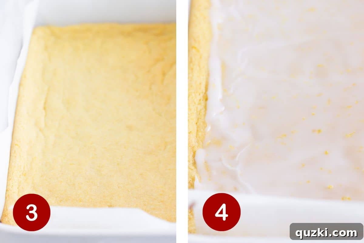 A two-part image showing the baked lemon cookie bars cooling on a rack and then being covered with a smooth lemon glaze.