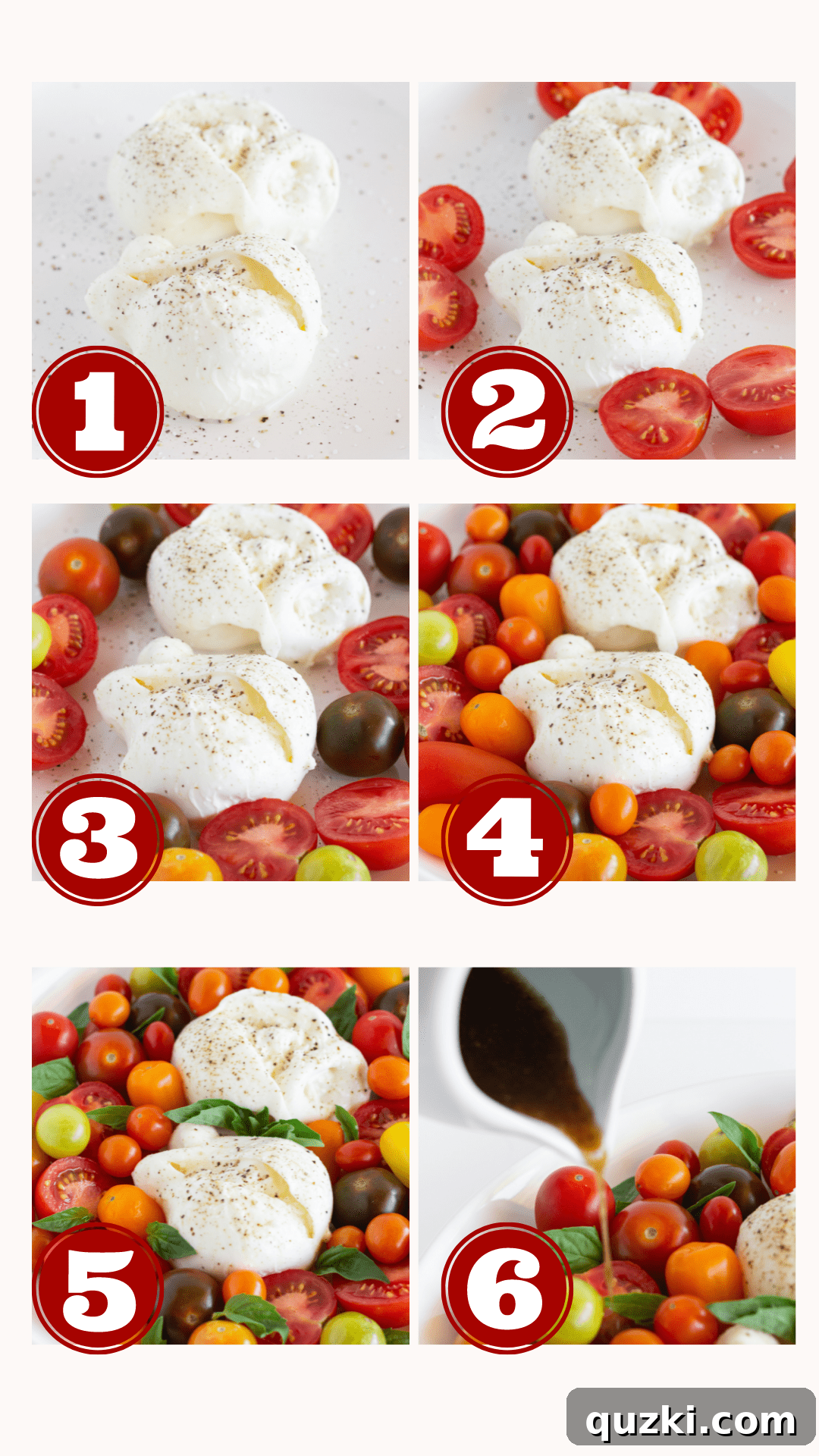 Luscious Burrata Caprese 4 Step-by-step assembly of Burrata Caprese, showing burrata, various tomatoes, and basil on a platter, ready for dressing.