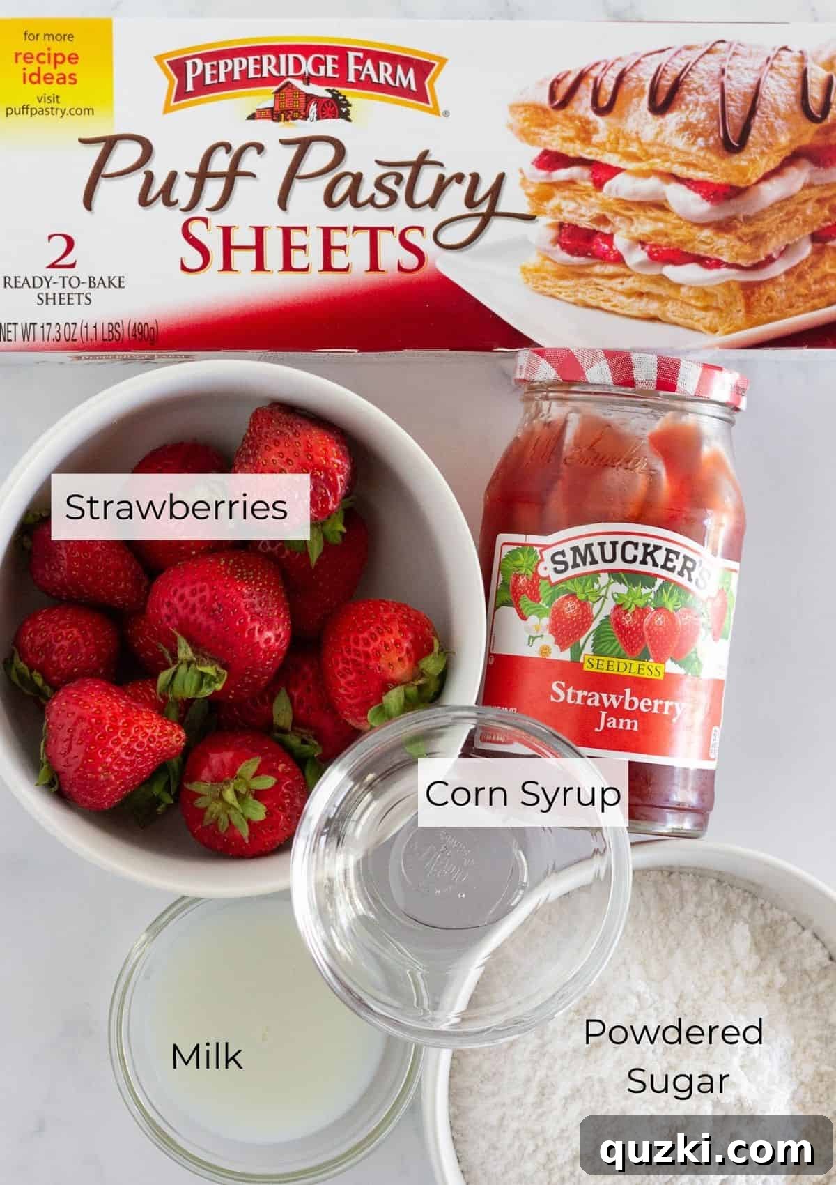 Effortless Strawberry Puff Pastry Delights 3 The ingredients needed to make strawberry turnovers.