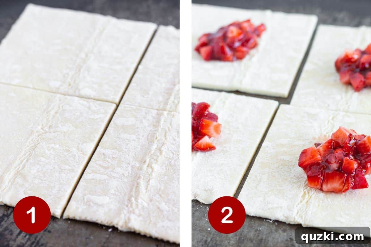 Effortless Strawberry Puff Pastry Delights 4 Steps 1 and 2 of making strawberry turnovers. 1, make filling and cut puff pastry. 2, top puff pastry with filling.