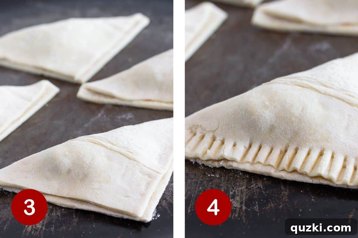 Effortless Strawberry Puff Pastry Delights 5 Steps 3 and 4 of making turnovers. 3, fold puff pastry dough over filling. 4, crimp edges of dough.
