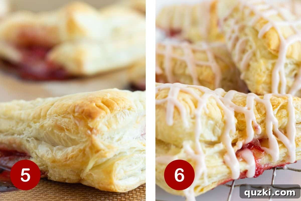 Effortless Strawberry Puff Pastry Delights 6 Steps 5 and 6 of making strawberry turnovers. 5, bake the turnovers. 6, glaze the turnovers once cooled.