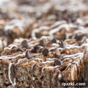 A close up photo showing the chocolate drizzle of each square.