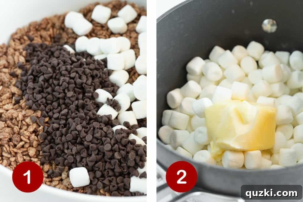 No-Bake Chocolate Crispy Squares 4 Steps 1 and 2 of making chocolate krispies treats. 1, combine the cereal, chocolate chips and marshmallows. 2, combine butter and marshmallows to melt.