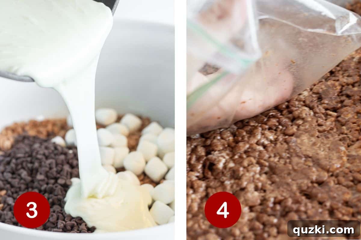 No-Bake Chocolate Crispy Squares 5 Steps 3 and 4 of making rice krispies treats that are chocolate. 3, pour the melted marshmallow mixture of cereal mixture. 4, pour mixture out into a prepared pan.