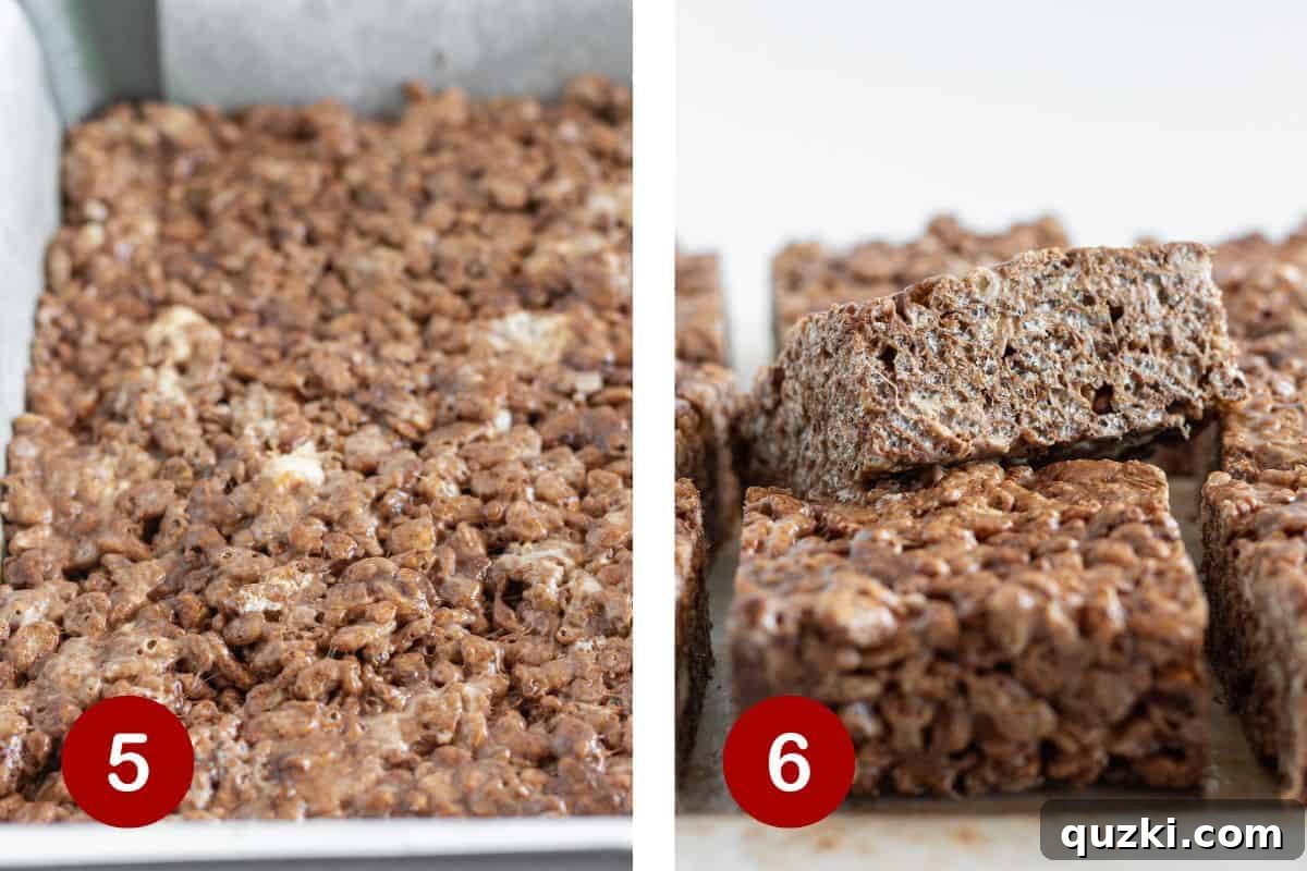 No-Bake Chocolate Crispy Squares 6 Steps 5 and 6 of making easy chocolate krispies treats. 5, refrigerate pan of treats. 6, cut into squares.