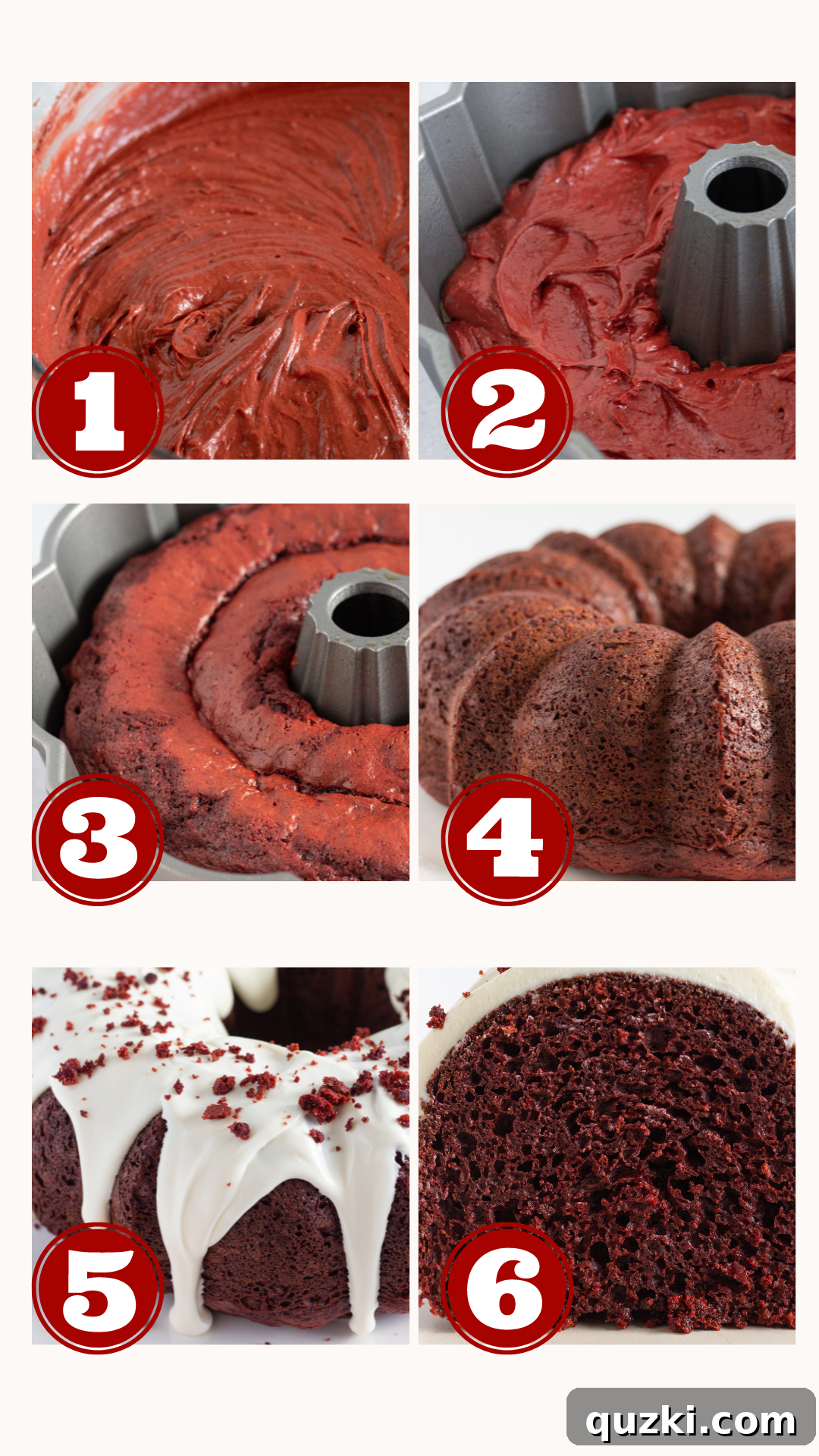 Foolproof Red Velvet Bundt Cake 4 Step-by-step image for making Easy Red Velvet Bundt Cake, showing the glazing process.