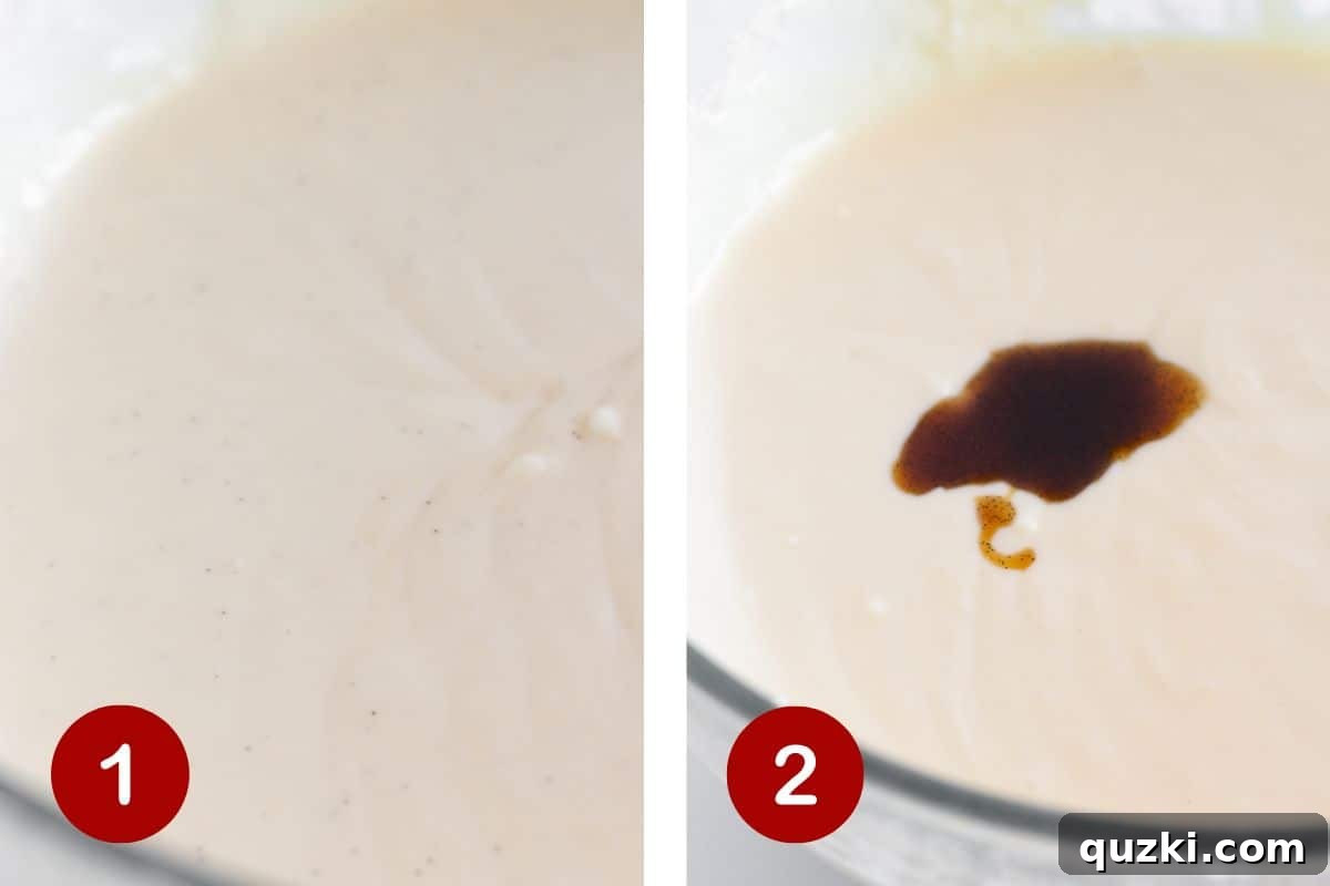 Prepping the creamy, smooth filling for a vanilla no bake cheesecake in a large mixing bowl with an electric mixer.