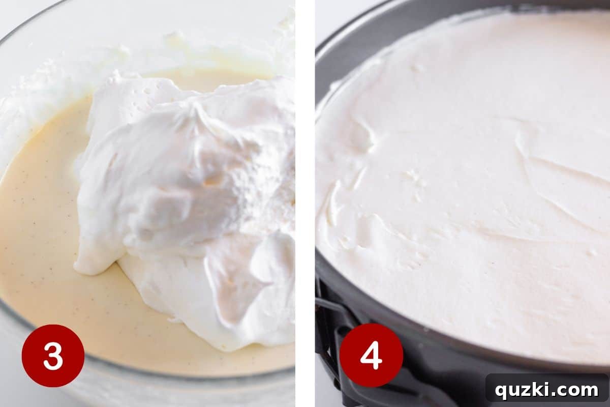 The finished cheesecake filling being carefully poured into the springform pan over the prepared vanilla wafer crust, showcasing a smooth transition.