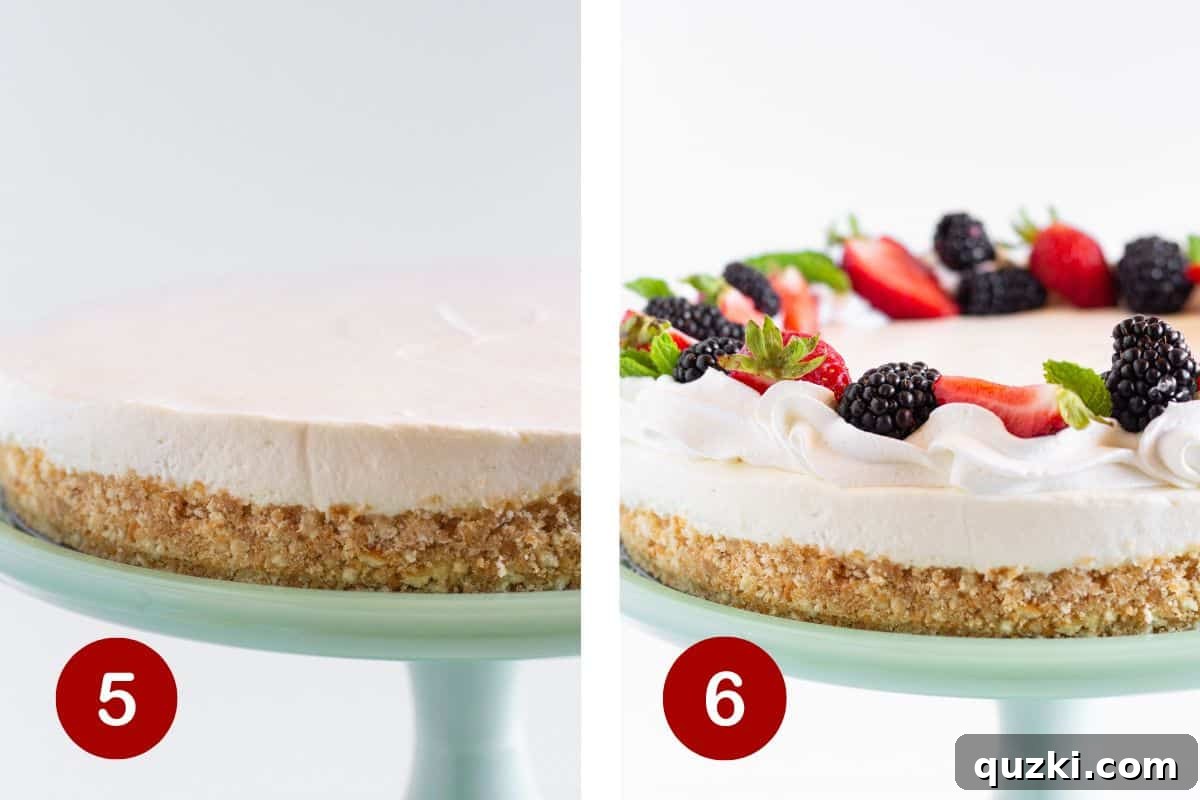 Carefully removing the springform pan edge from the cheesecake and artfully decorating the vanilla cheesecake with fresh fruit and piped whipped cream.