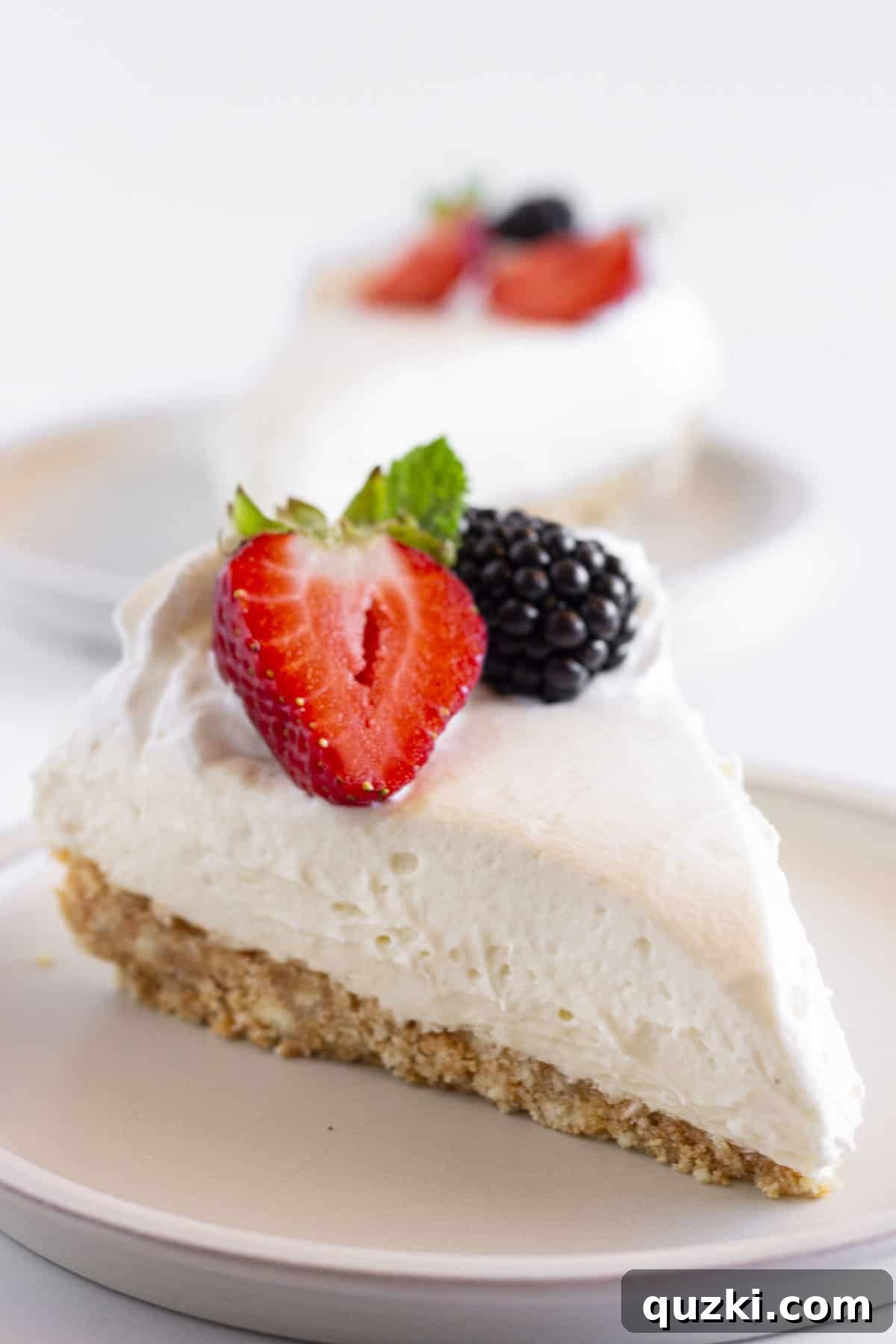 Two perfectly portioned slices of vanilla no bake cheesecake, clearly showcasing the crisp vanilla wafer crust and the luscious, creamy filling.