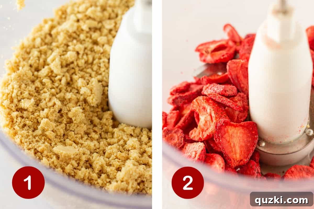 Irresistible Strawberry Crunch Topping 4 Two images side by side: one showing Golden Oreos being pulsed in a food processor, and the other showing freeze-dried strawberries being pulsed into a powder.