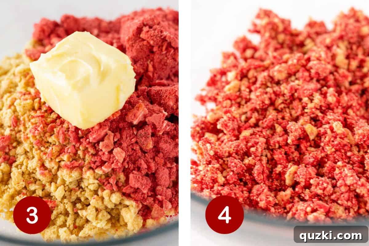 Irresistible Strawberry Crunch Topping 5 Two images side by side: one showing strawberry powder and Golden Oreo crumbs combined in a bowl, and the other showing softened butter being mixed into the crumb mixture by hand.