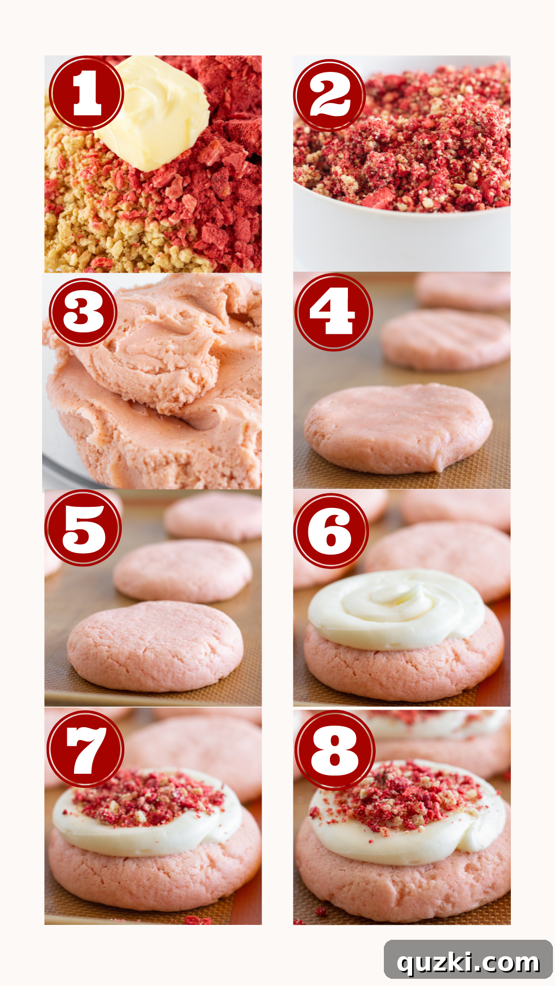 Strawberry Crumble Cookie Craze 4 Step-by-step visual guide for making Easy Strawberry Crunch Cookies, showing ingredients, mixing, baking, and frosting.