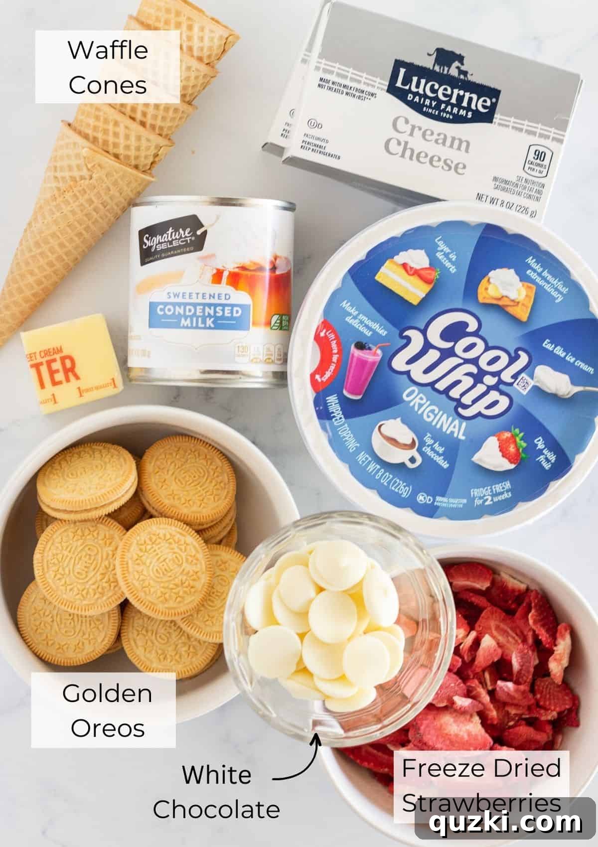 All the fresh and pantry ingredients laid out for making Strawberry Crunch Cheesecake Cones.