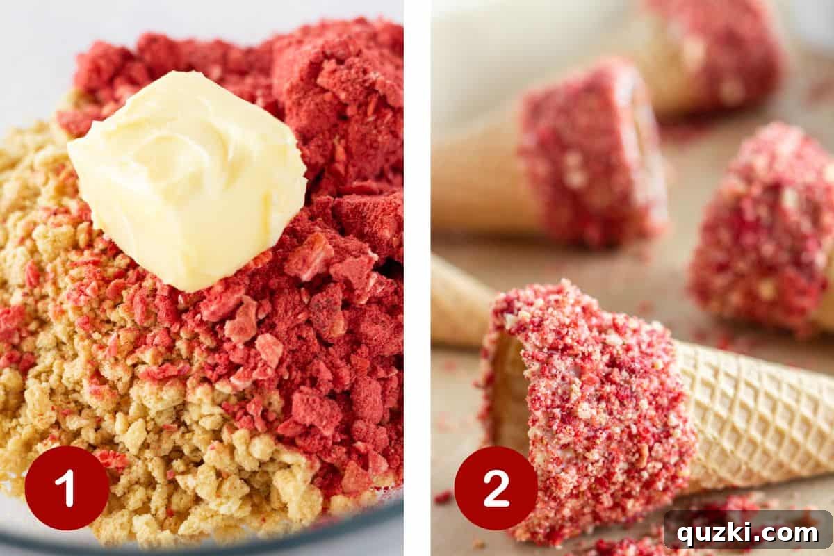 A waffle cone being dipped into the vibrant strawberry crunch topping.