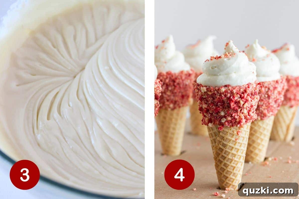 Assembling the strawberry crunch cheesecake cones, filling them with creamy cheesecake.