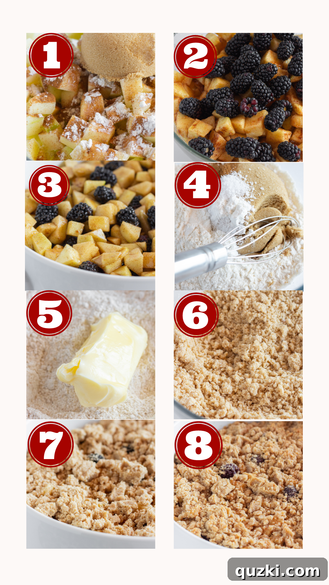 Sweet Tangy Apple Blackberry Crumble 4 Step-by-step process for making Apple and Blackberry Crumble: fruit prep, topping mix, and baking.