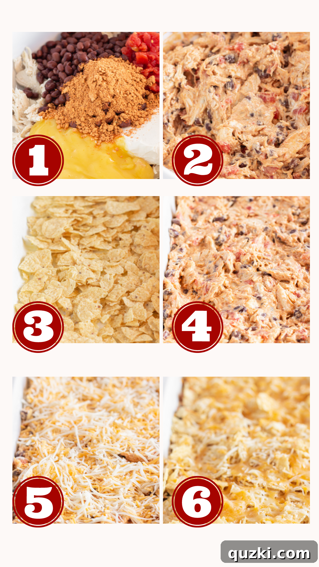 A visual step-by-step guide for making chicken taco casserole.