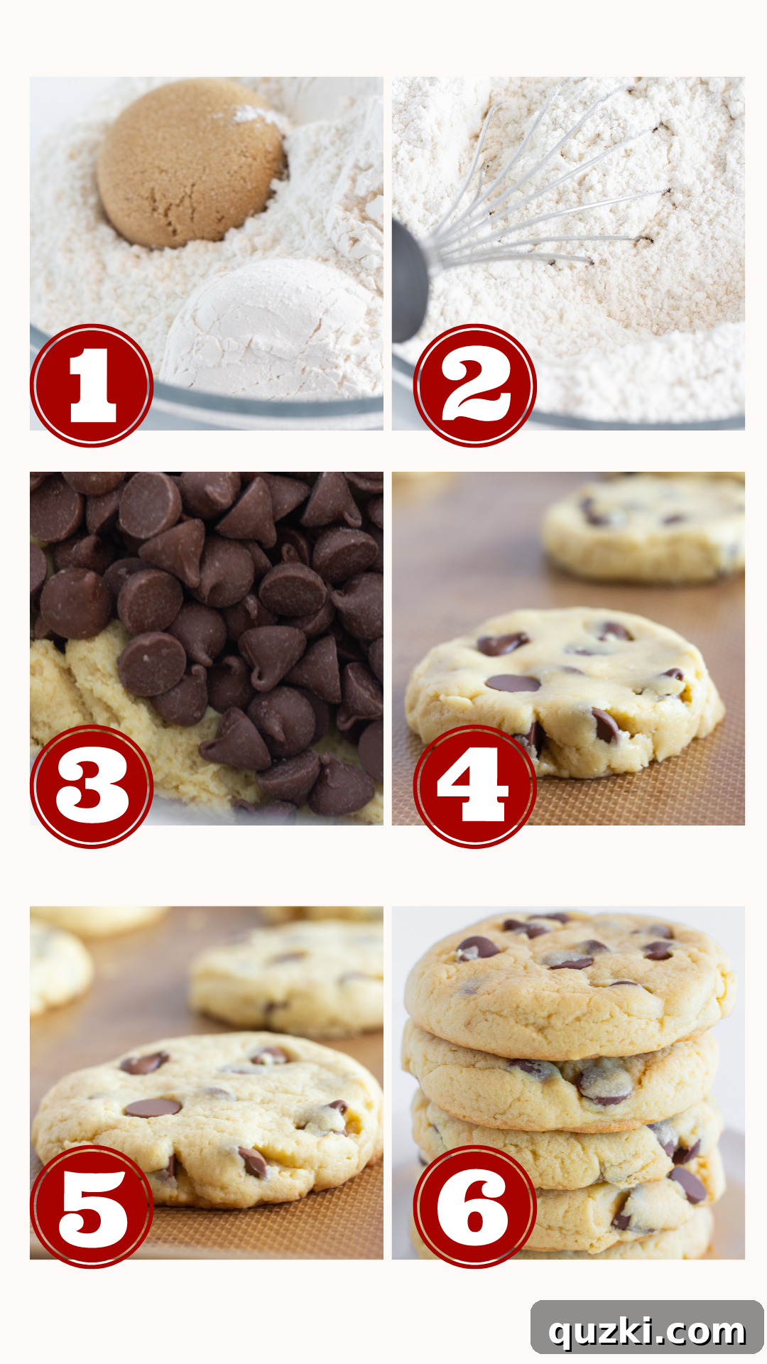 Sequential steps illustrating the process of baking Easy Chocolate Chip Cake Mix Cookies, from mixing to finished product
