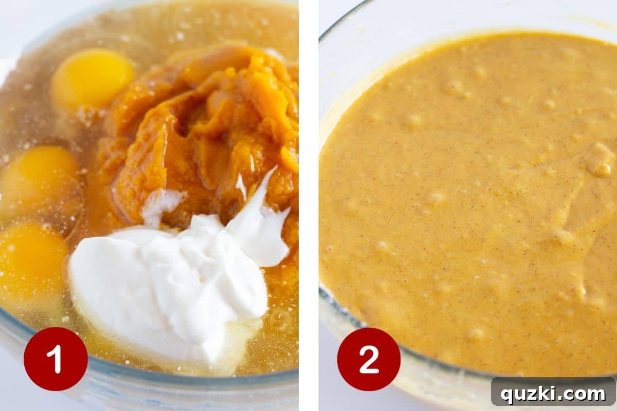 Cake Mix Shortcut Pumpkin Spice Loaf 4 Steps 1 and 2 of making pumpkin bread with a cake mix, showing the combining and mixing of ingredients.