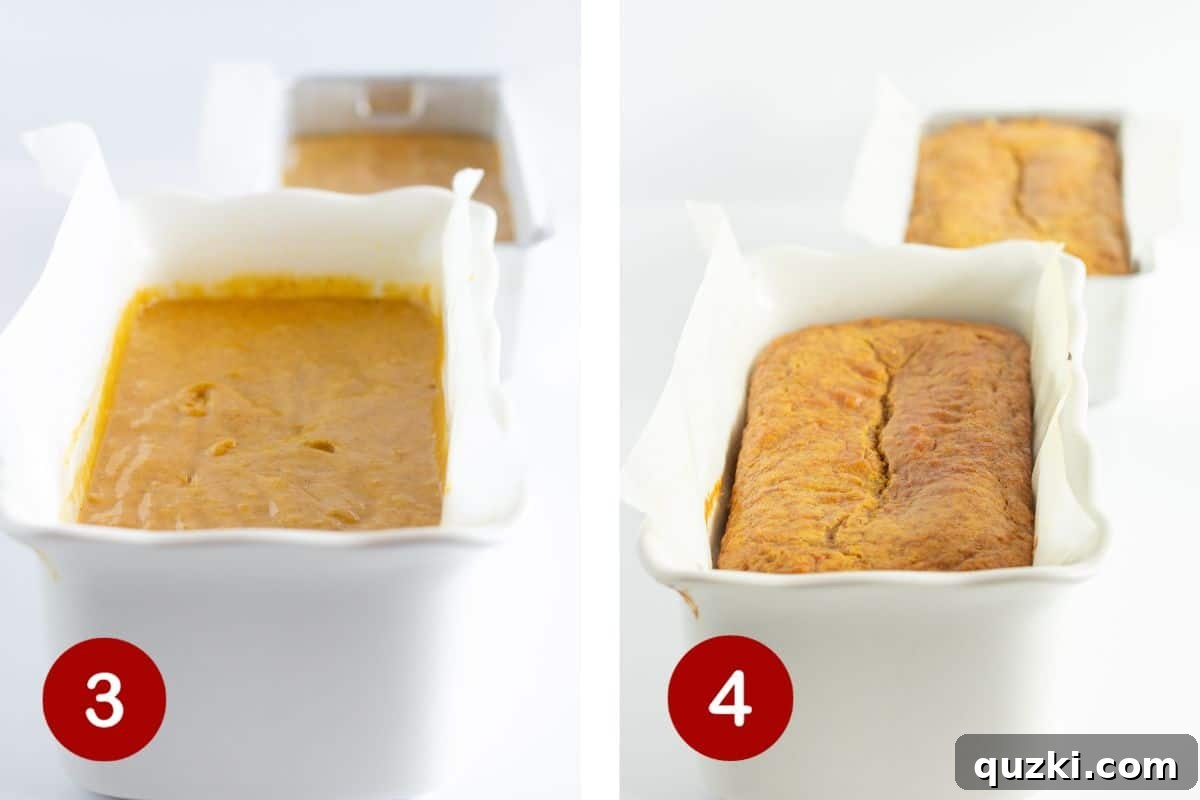 Cake Mix Shortcut Pumpkin Spice Loaf 5 Steps 3 and 4 of making pumpkin bread with a cake mix, showing batter poured into loaf pans and baking process.