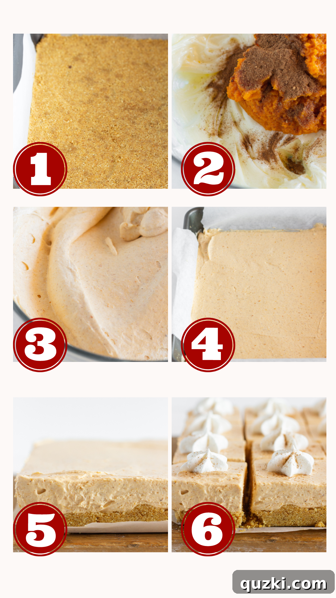 Step-by-step process for making No Bake Pumpkin Cheesecake Bars, by Top US dessert blog Practically Homemade