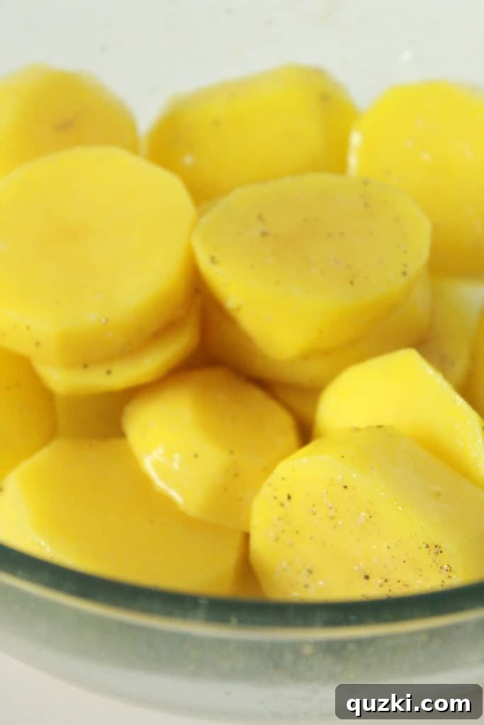 Melt-in-Your-Mouth Roasted Potatoes 4 Potato slices coated evenly with melted butter, salt, and pepper in a mixing bowl, ready for baking.