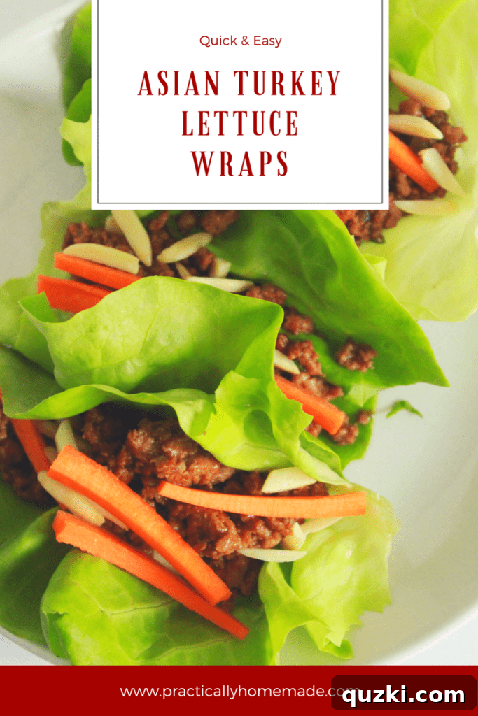 Vibrant Asian Turkey Lettuce Bites 2 Platter of freshly made Asian Turkey Lettuce Wraps, showcasing vibrant green butter lettuce cups filled with savory ground turkey, chopped mushrooms, and green onions, garnished with matchstick carrots and slivered almonds. A perfect low-carb, healthy meal idea.