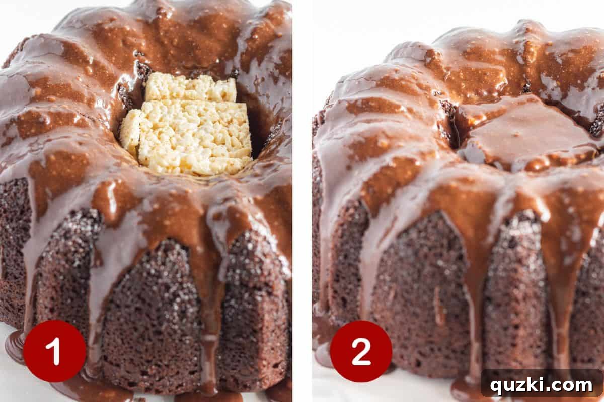 Two sequential images illustrating steps 1 and 2 of making a Halloween bundt cake. Step 1 shows a chocolate bundt cake with melted icing drizzled over it and Rice Krispie treats positioned in the center. Step 2 depicts melted frosting poured over the Rice Krispie treats, covering them completely.