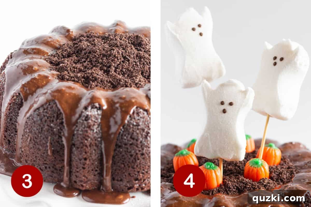 Two sequential images illustrating steps 3 and 4 of making a Halloween bundt cake. Step 3 shows crushed Oreos spread in the center of the cake. Step 4 displays the cake fully decorated with ghost Peeps on skewers and candy pumpkins placed on top and around the edges.