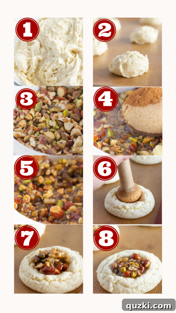 8 step by step photos of how to make Easy Baklava Cookies. The images show mixing ingredients, scooping dough, making indentations, filling with nuts, baking, and glazing the finished cookies.