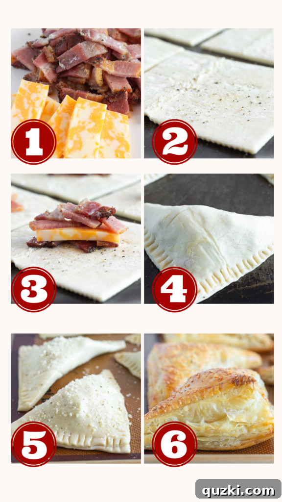 6 step by step photos showing how to make Easy Bacon Turnovers, illustrating each stage of the preparation process.