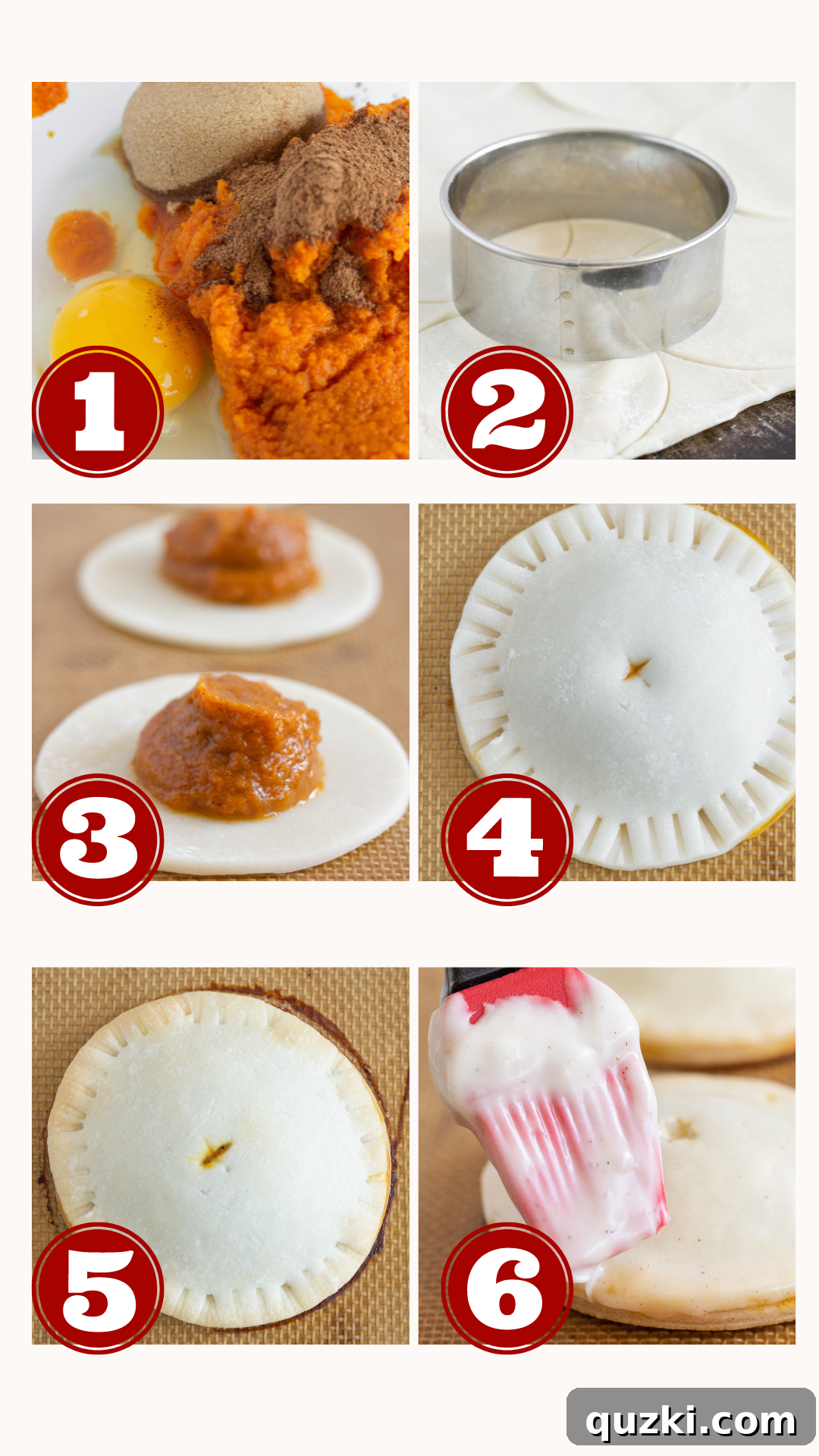 A grid of six step-by-step photos illustrating the entire process of making pumpkin hand pies, from preparing the dough and filling to baking and glazing.